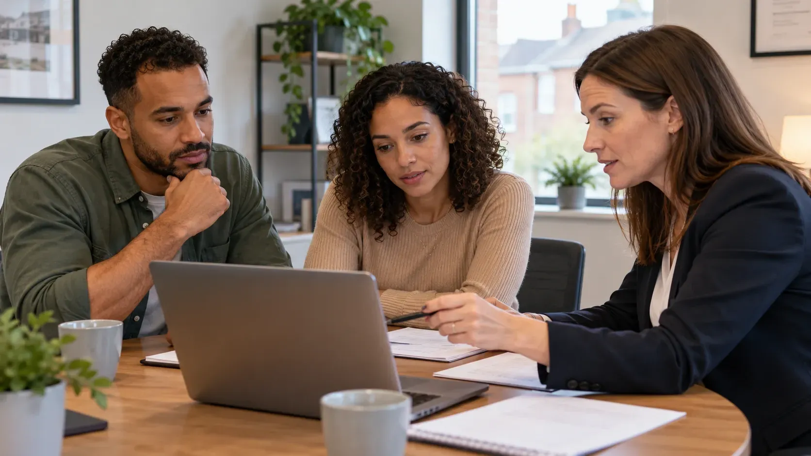 Two prospective homebuyers discussing mortgage options with an adviser around a laptop.
