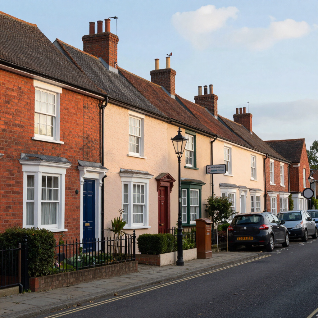 Row of colorful brick terraced houses on a quiet street with parked cars and a lamppost