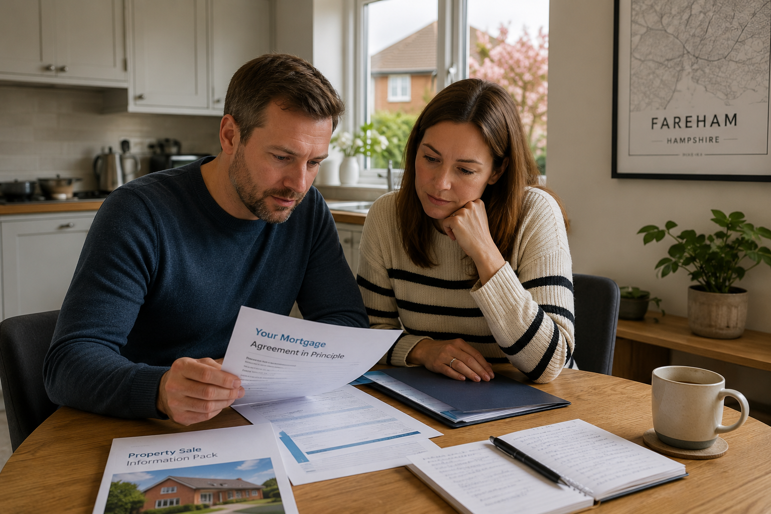 Couple reviewing mortgage and property sale paperwork at a kitchen table in Fareham Hampshire