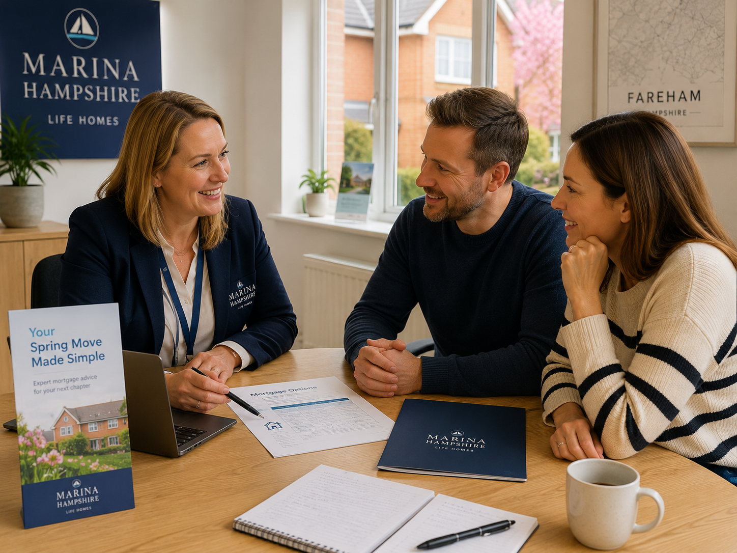 Friendly mortgage adviser talking with homeowner clients about spring move plans in Fareham Hampshire