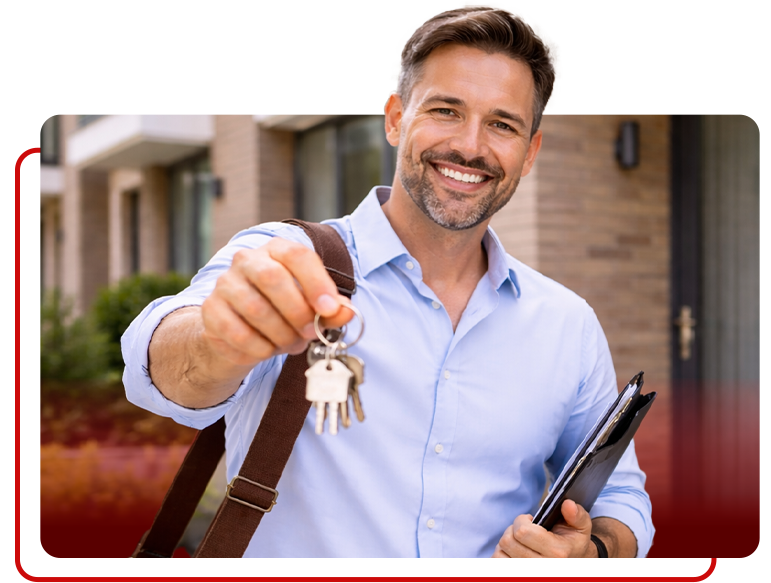 A smiling professional holding out a set of keys in front of a house, wearing a light blue shirt and carrying a folder.