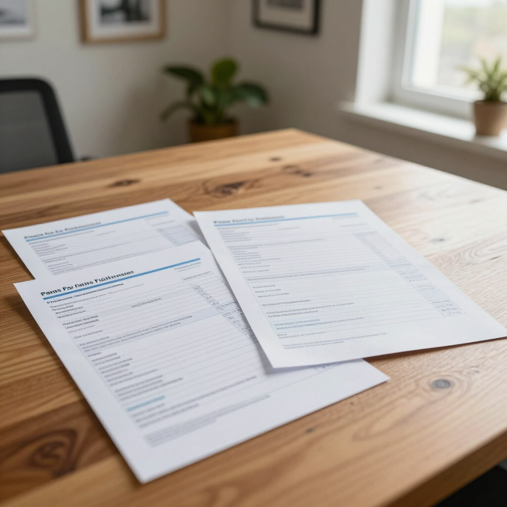 Three printed documents on a wooden table in a bright office meeting room.
