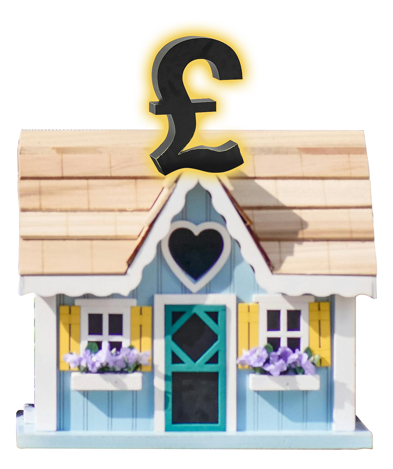 Blue and white cottage with a glowing pound symbol on top.