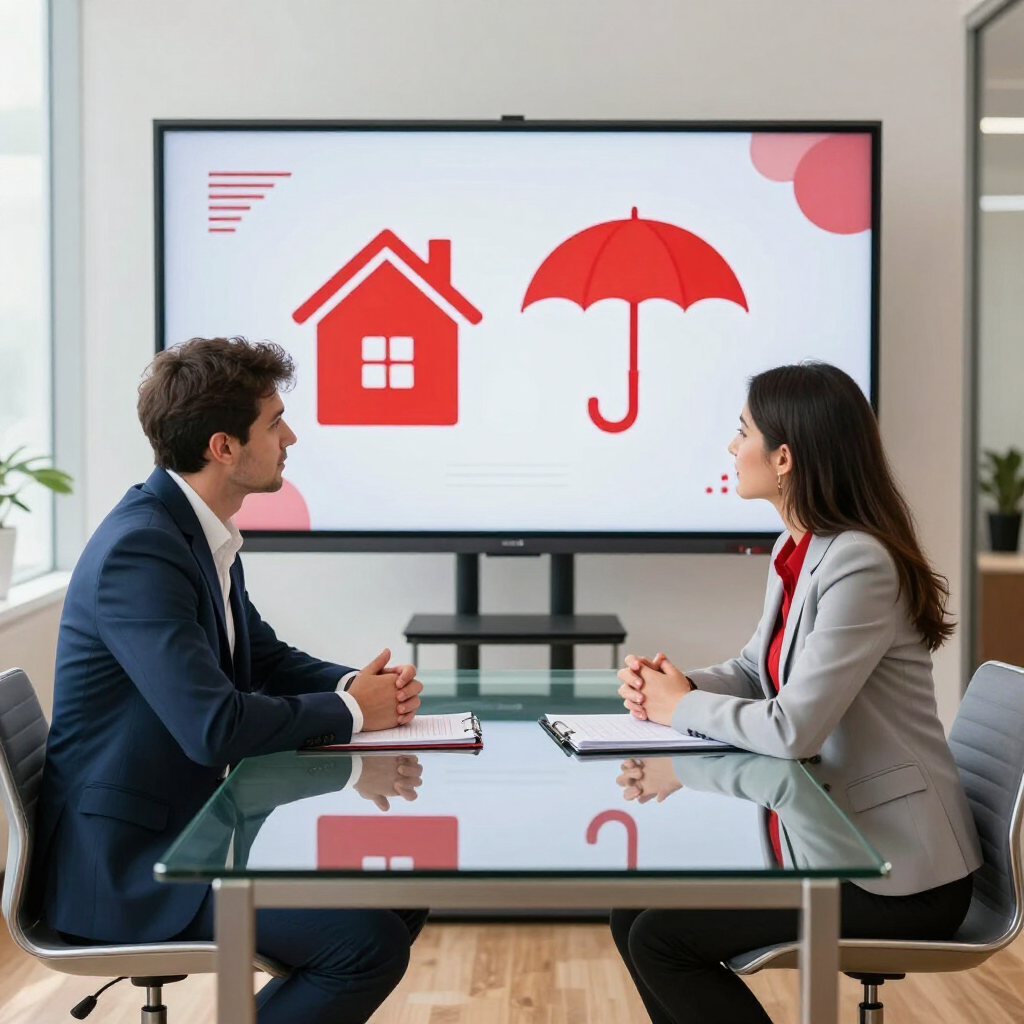 Two businesspeople in a meeting viewing a red house and umbrella insurance graphic on a TV screen
