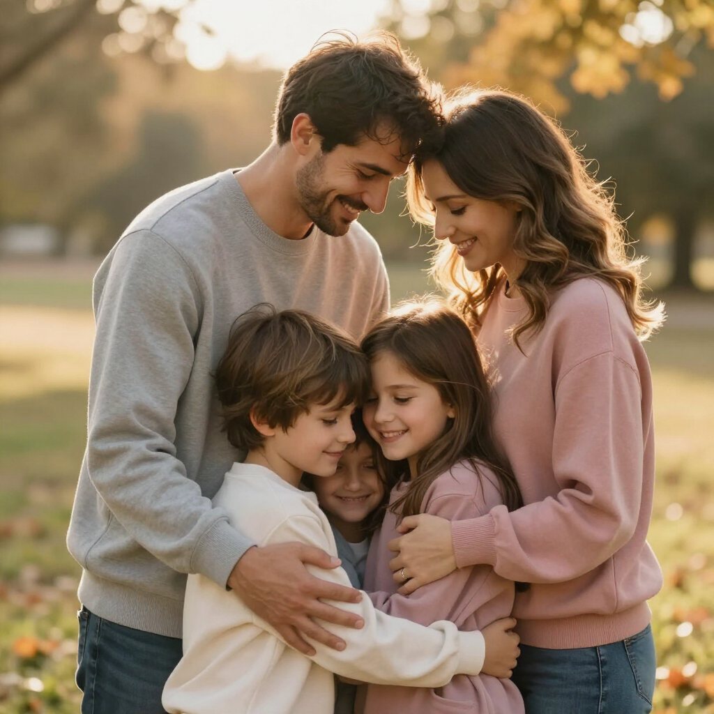 Family of four embracing outdoors at sunset, smiling in warm light.