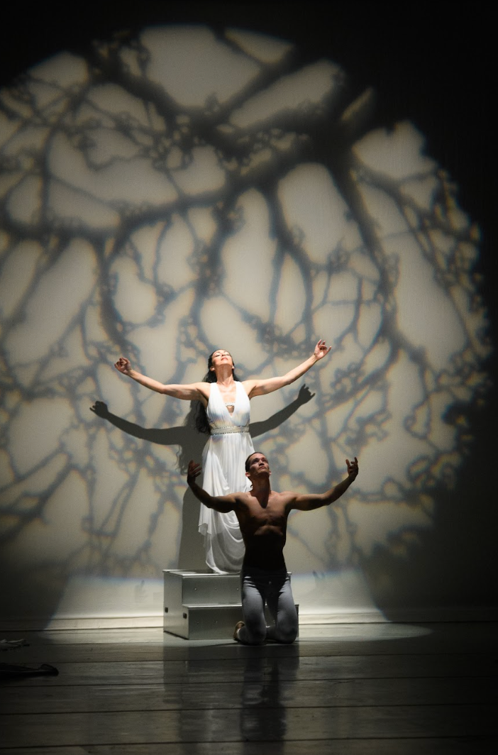 Woman in white dress with arms raised, man kneeling below her, both lit by shadow of tree branches.