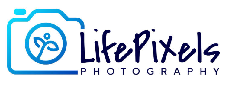 LifePixels Photography logo with blue camera icon and text