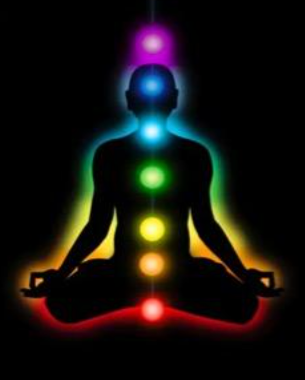 Silhouette meditating with seven glowing chakra lights in rainbow colors against a dark background