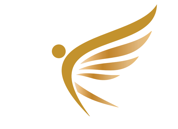 Gold abstract winged logo with a small circular dot on a white background