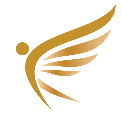 Gold winged logo with a dot, resembling a stylized flying figure