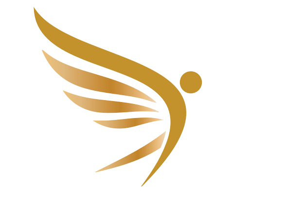 Gold stylized winged figure logo on a white background
