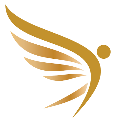 Golden wing with a person shape, representing flight and freedom.