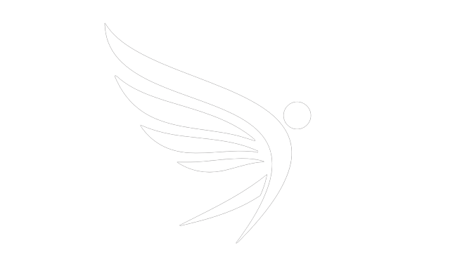 Minimalist white winged logo with a small circle on a light background