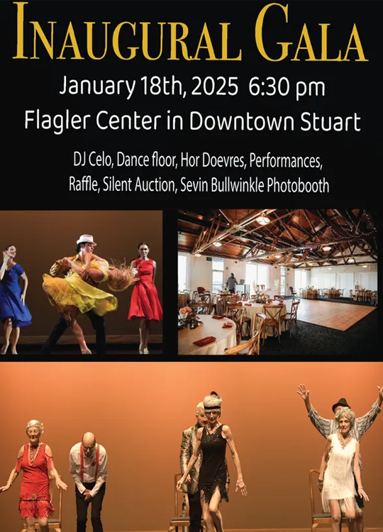 Inaugural Gala event flyer: January 18, 2025, at Flagler Center. Features dance performances, photobooth, and silent auction.
