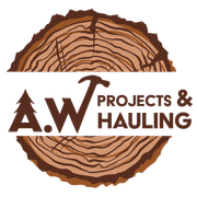 A logo for a.w projects and hauling with a tree stump