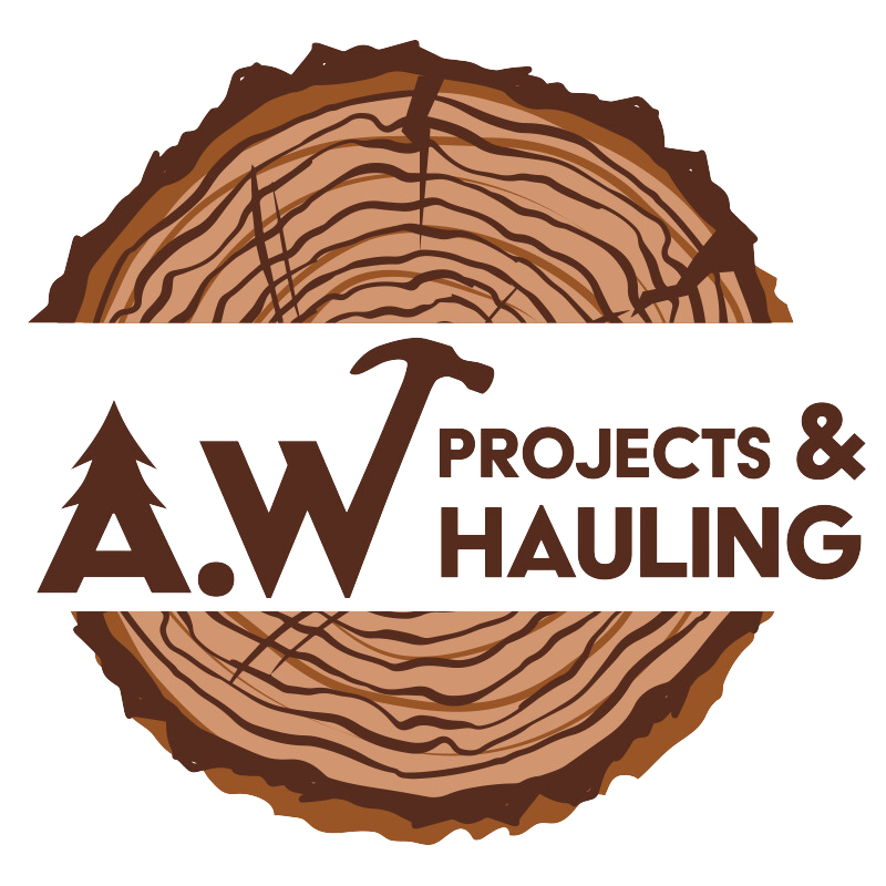 A logo for a.w projects and hauling with a tree stump