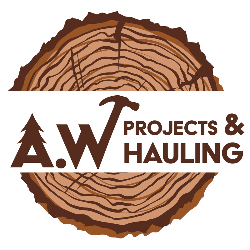 A logo for a.w projects and hauling with a tree stump
