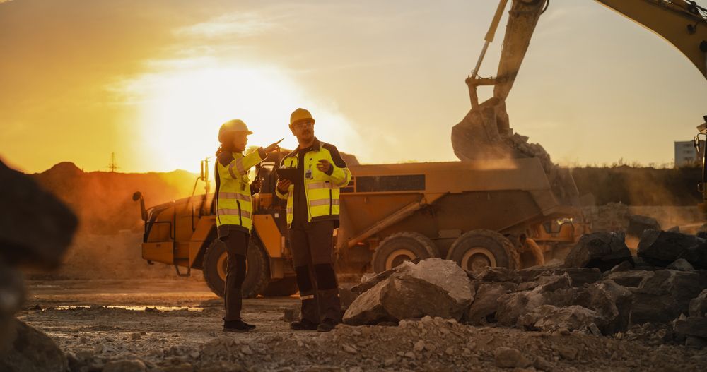Two construction workers are standing in front of a bulldozer at a construction site.