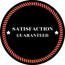A black circle with the words satisfaction guaranteed on it