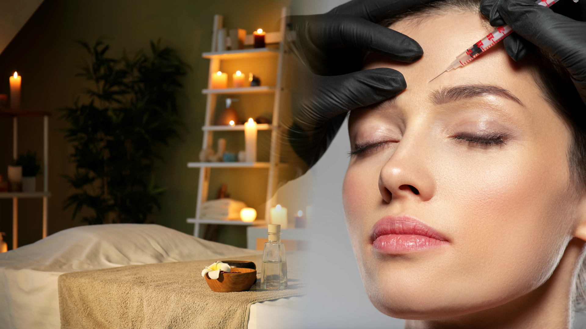 Composite image of a relaxing spa room and a woman receiving a cosmetic forehead injection.