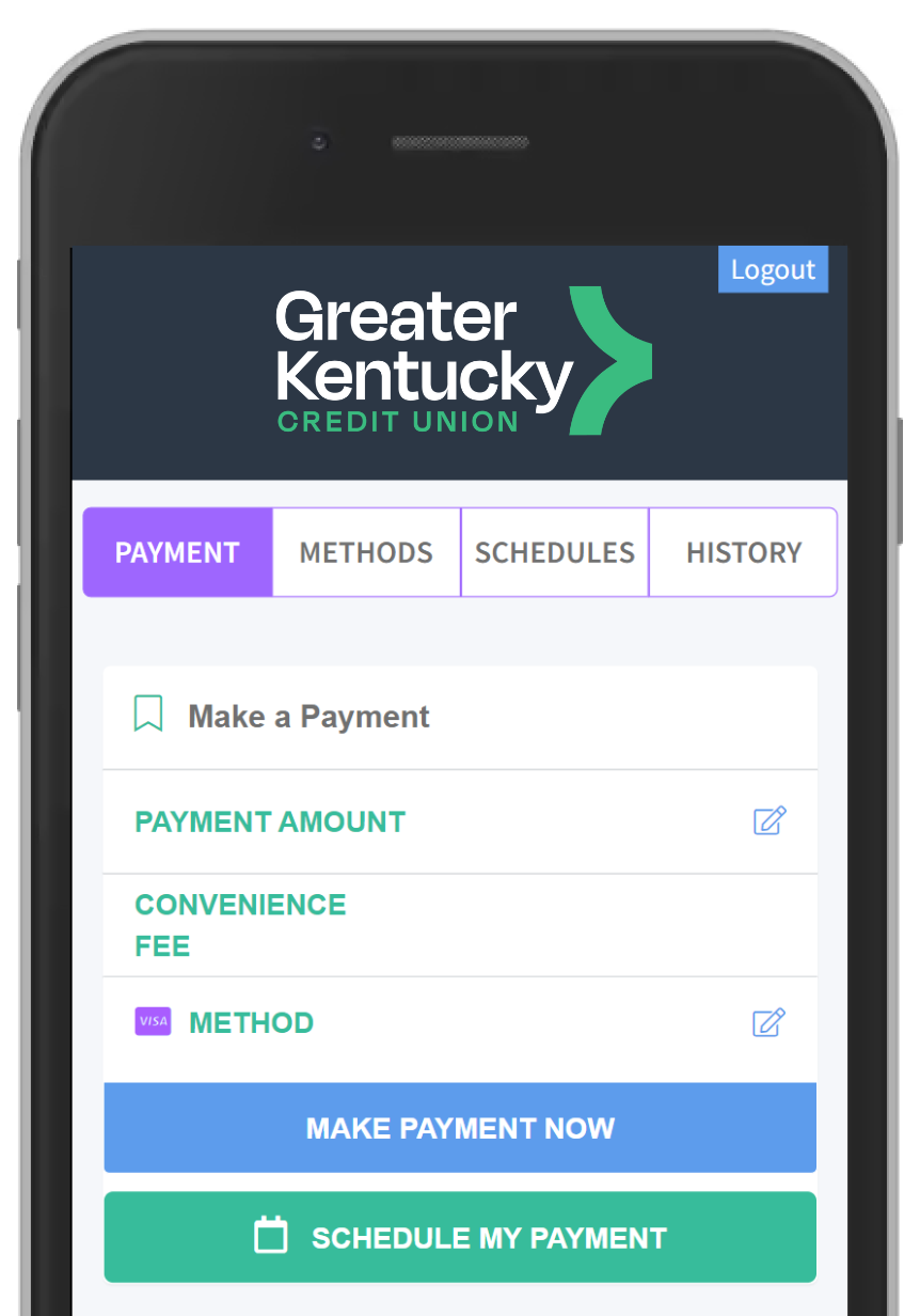 Mobile app screen for Greater Kentucky Credit Union, showing payment options.