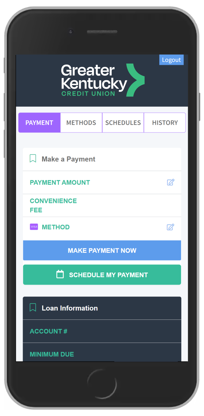 Mobile app screen for Greater Kentucky Credit Union, showing payment options with