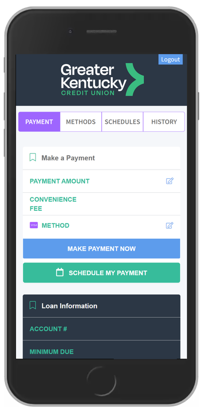 Mobile screen showing Greater Kentucky Credit Union app for making or scheduling payments.