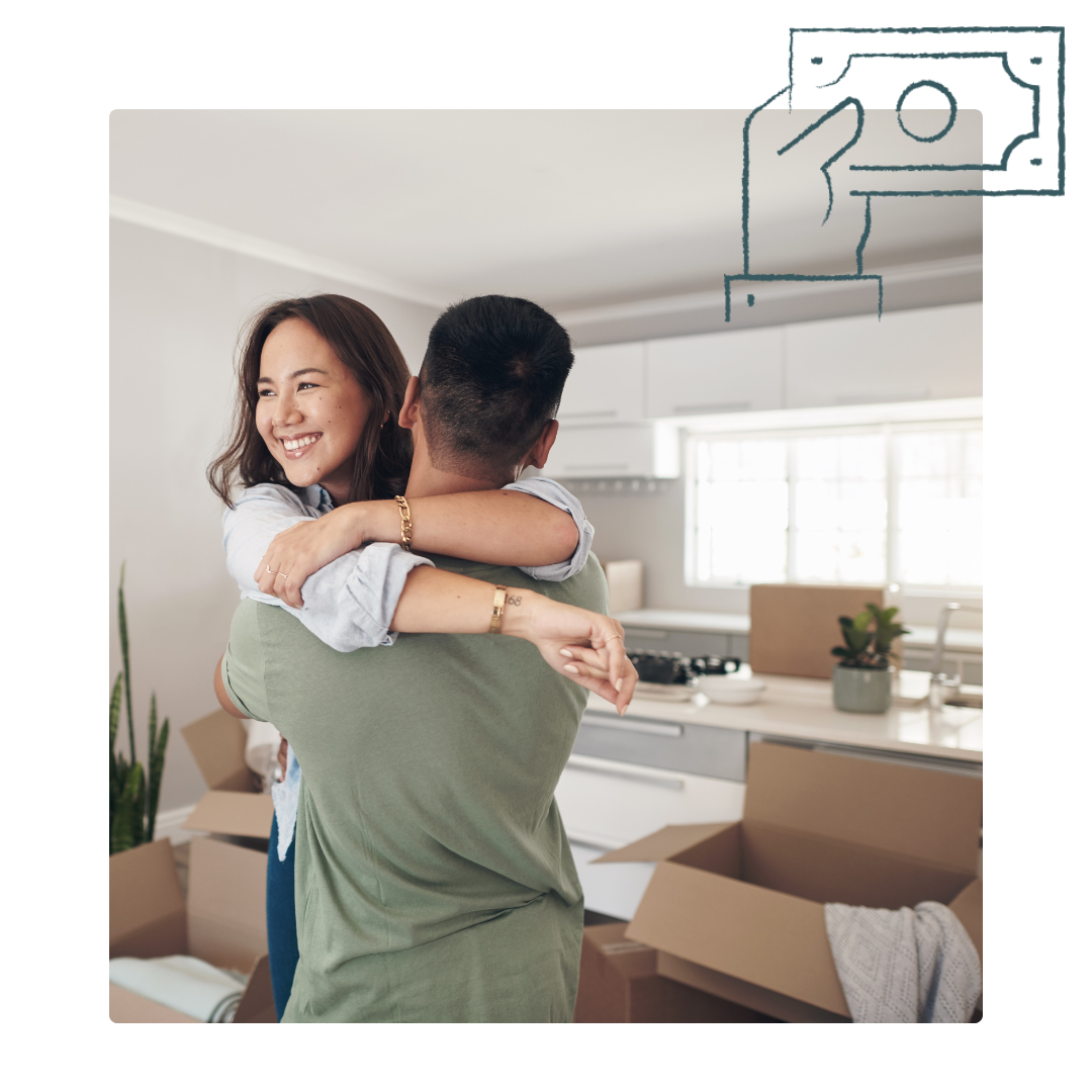 Couple hugging in a new home; boxes and kitchen in the background; a hand graphic holding cash.