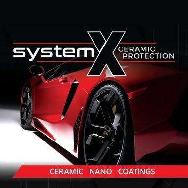 Red sports car with System X ceramic protection and ceramic nano coatings branding on a black background