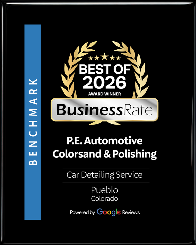 A BusinessRate Best of 2026 award plaque for P.E. Automotive Colorsand & Polishing in Pueblo, Colorado.