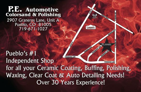 P.E. Automotive Colorsand & Polishing ad with red background and car care services text
