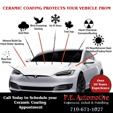 White car with arrows showing ceramic coating protection from acid rain, bird droppings, tree sap, scratches, UV rays.