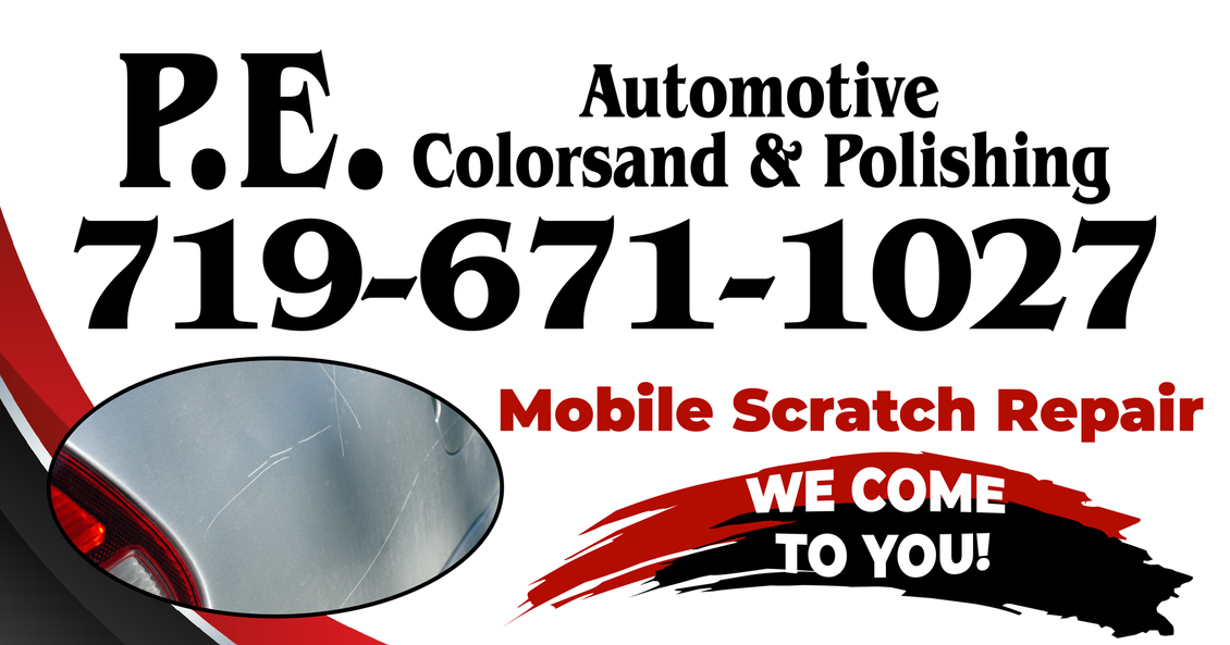 P.E. Automotive Colorsand Polishing ad with phone number, mobile scratch repair, and “We come to you!”