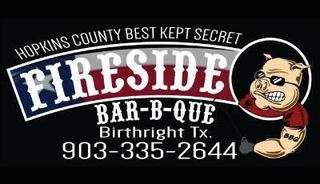 The logo for hopkins county best kept secret fireside bar-b-que birthright tx.