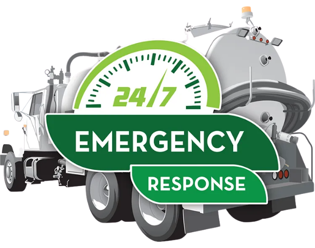 24/7 emergency response with green sign over utility truck and tanker