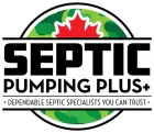 Septic Pumping Plus logo with green camouflage circle and red maple leaf
