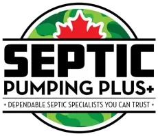 Septic Pumping Plus logo with green camouflage circle and red maple leaf