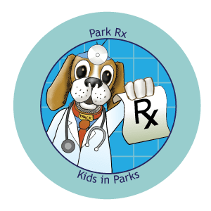 A cartoon dog is holding a prescription for park rx kids in parks