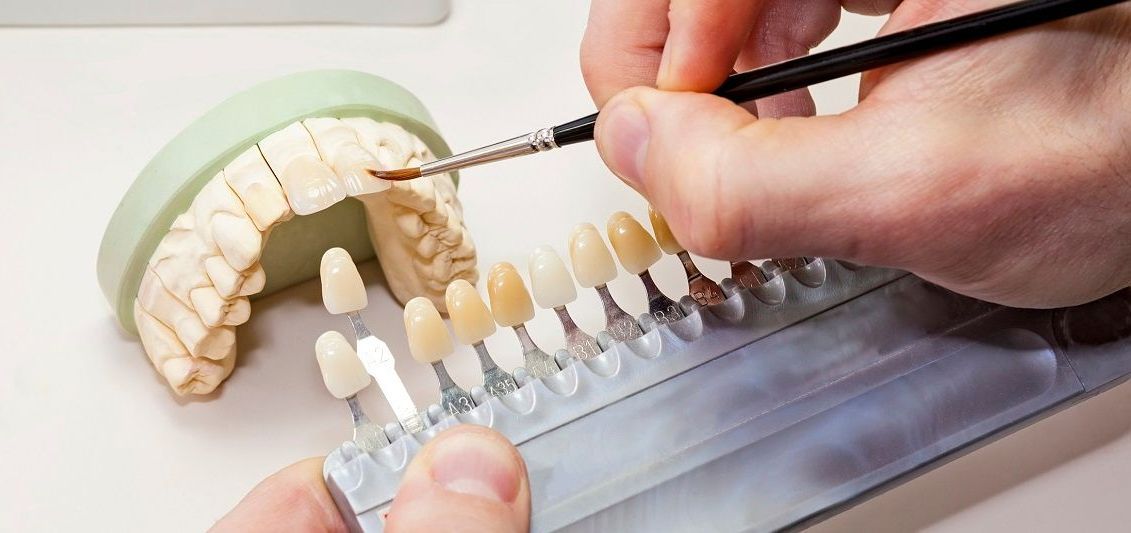 A person is painting a model of teeth with a brush.