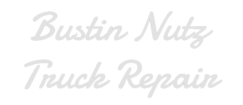 A white logo for bustin nuts truck repair on a white background.