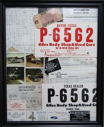 Collage of Texas license plates and car shop paperwork, dominated by red P-6562 plates.