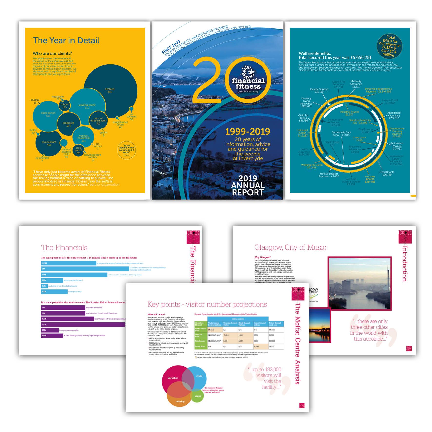 Images of pages of various annual reports. The brochure pages are colourful and contain text with bold infographics which communicate data and structures.
