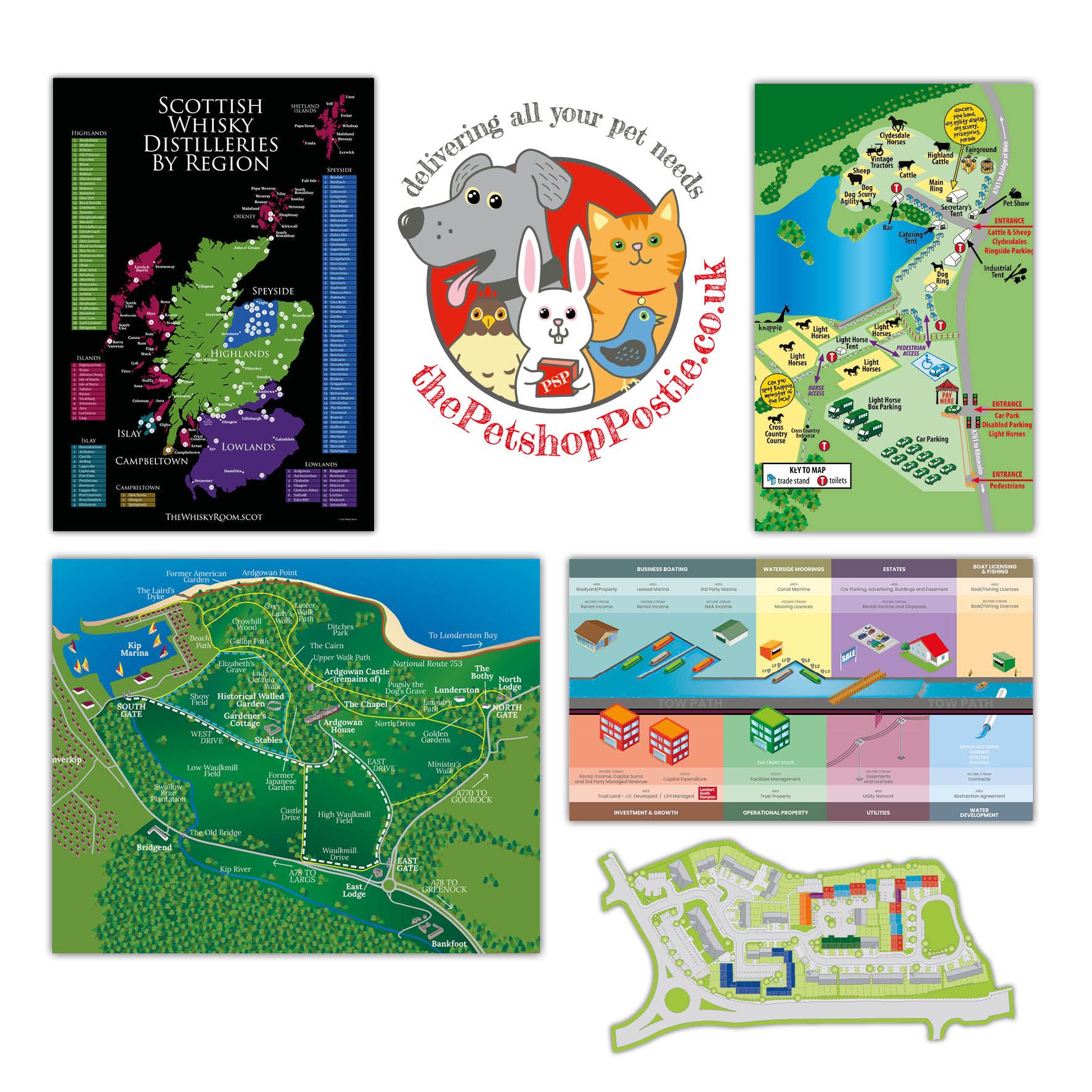 Images of maps (Scotland’s Whisky Distilleries, local parks, Canal structures, housing estate and a logo for a Pet Shop with smiling cartoon animals.
