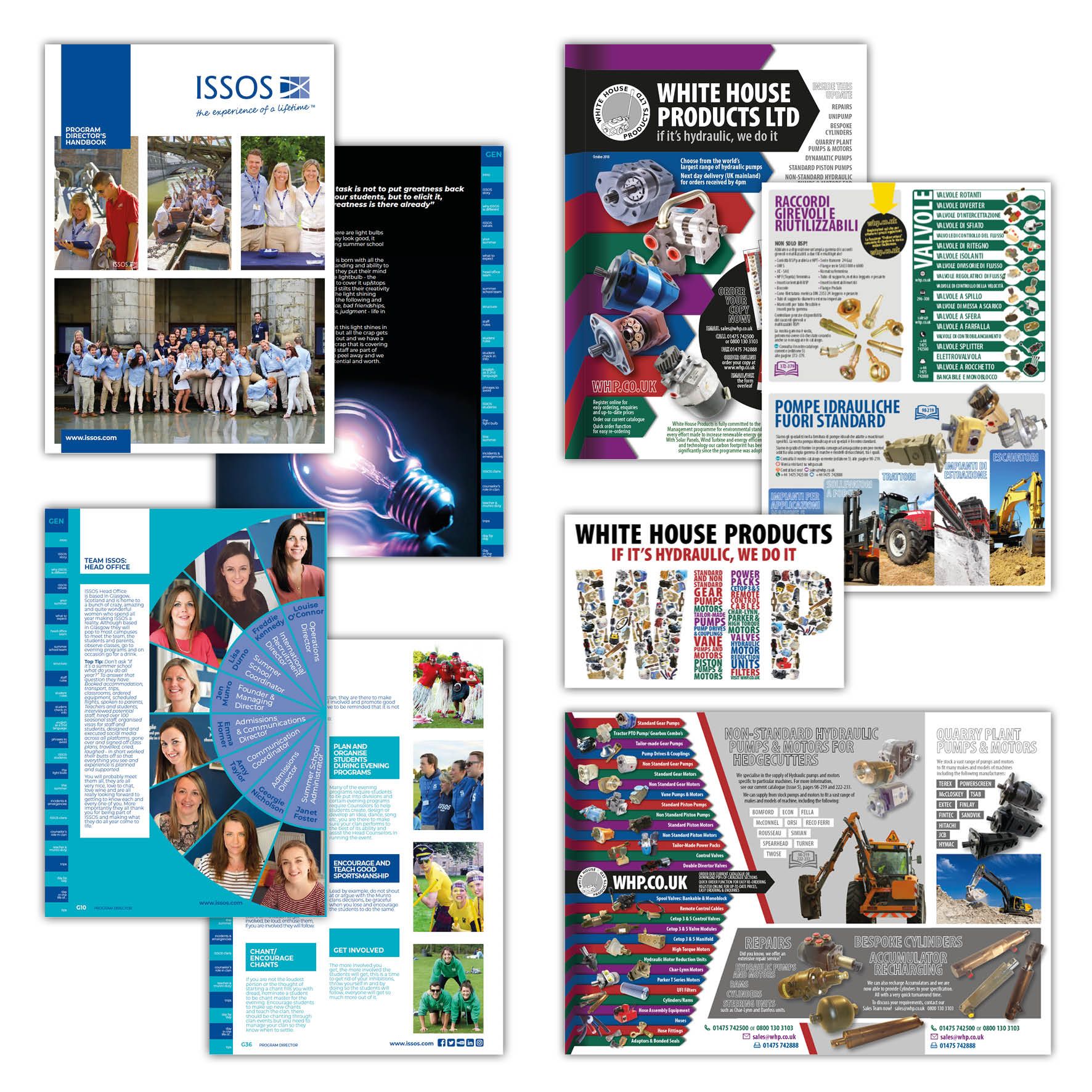 Images of brochure covers and pages containing photography and text for each client in their branding styles. Graphics and layouts with colour coordinated pages, images laid out to create words, infographics with photographs of hydraulic equipment and staff members.
