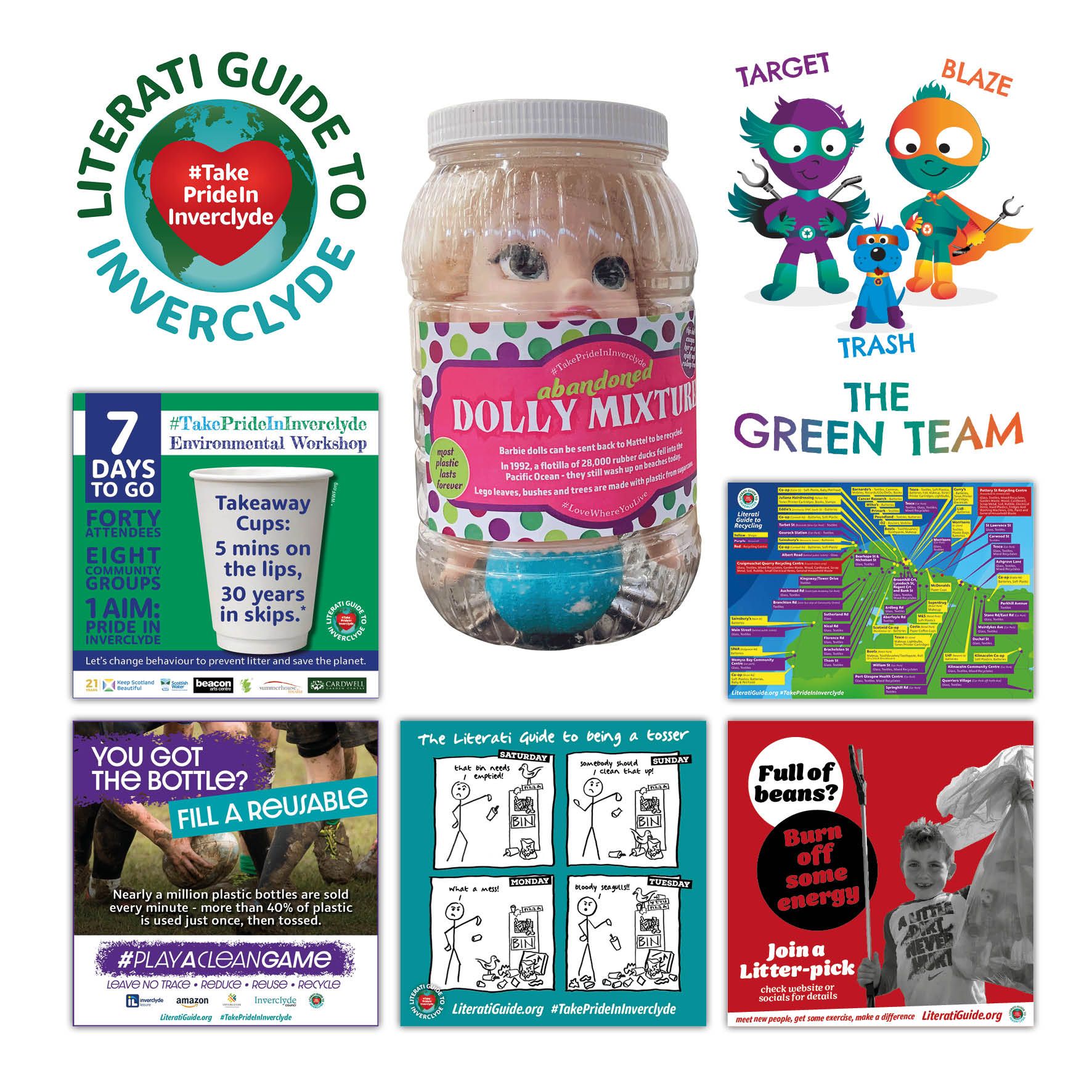 Images of their logo (a globe and heart), Social Adverts (various styles - all colourful, featuring photos of trash, kids and stickman drawing about seagulls throwing rubbish), a map of recycling points across Inverclyde, Cartoons of 'trash-heroes’ (kids’ cartoon characters) and a big sweetie jar with a discarded doll inside - the label says, “Abandoned Dolly Mixture”.