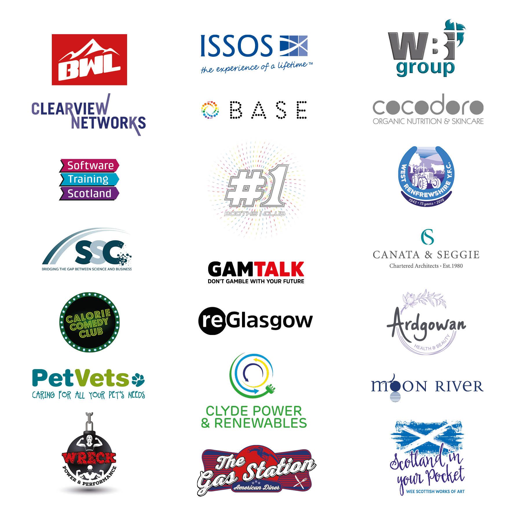 21 logos for businesses and retailers in a variety of colours and styles.