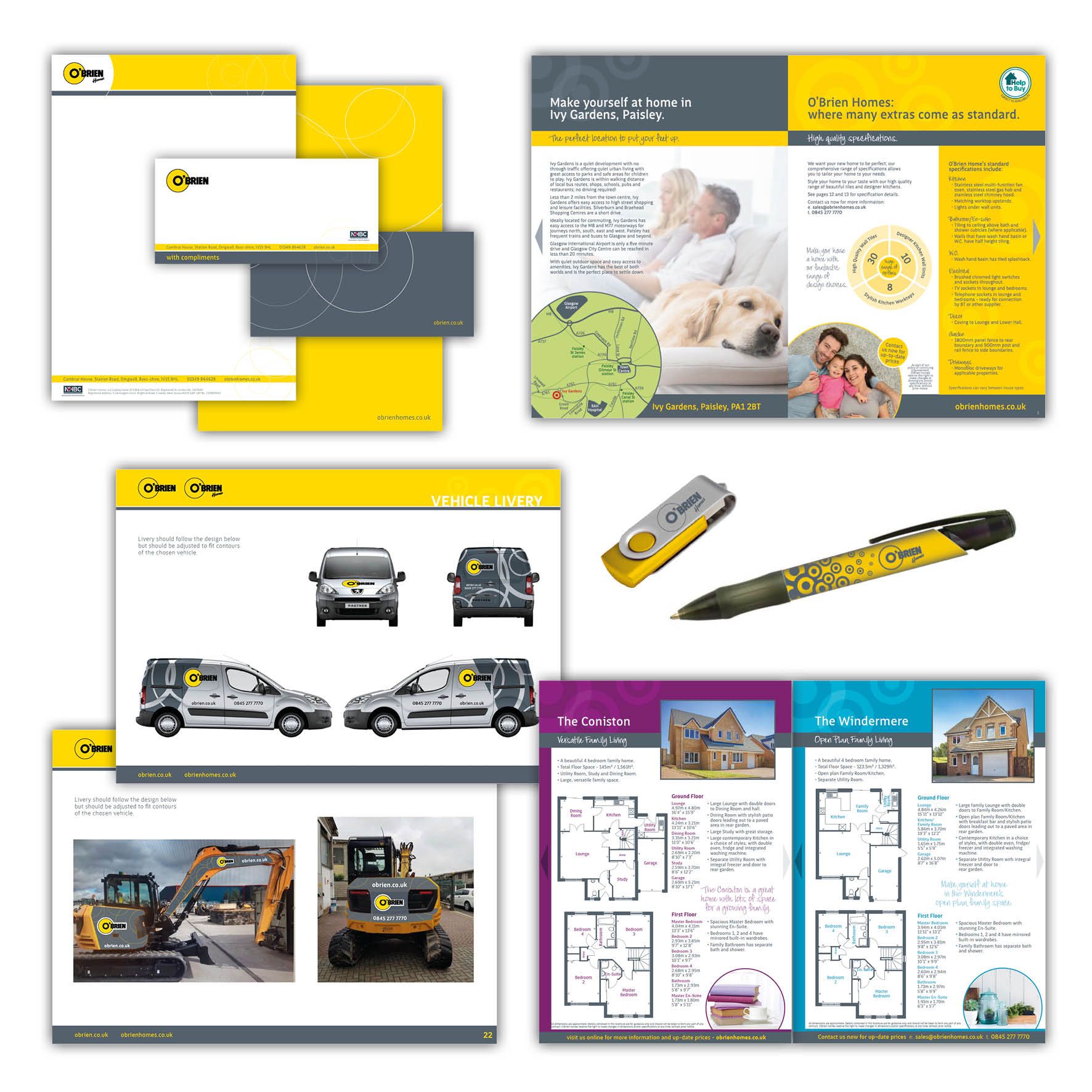 Images of stationery, brochures, brand guidelines and branded pens and USB sticks. All are in the branding style of yellow and grey with concentric circles and images of houses, floor plans and interior shots.