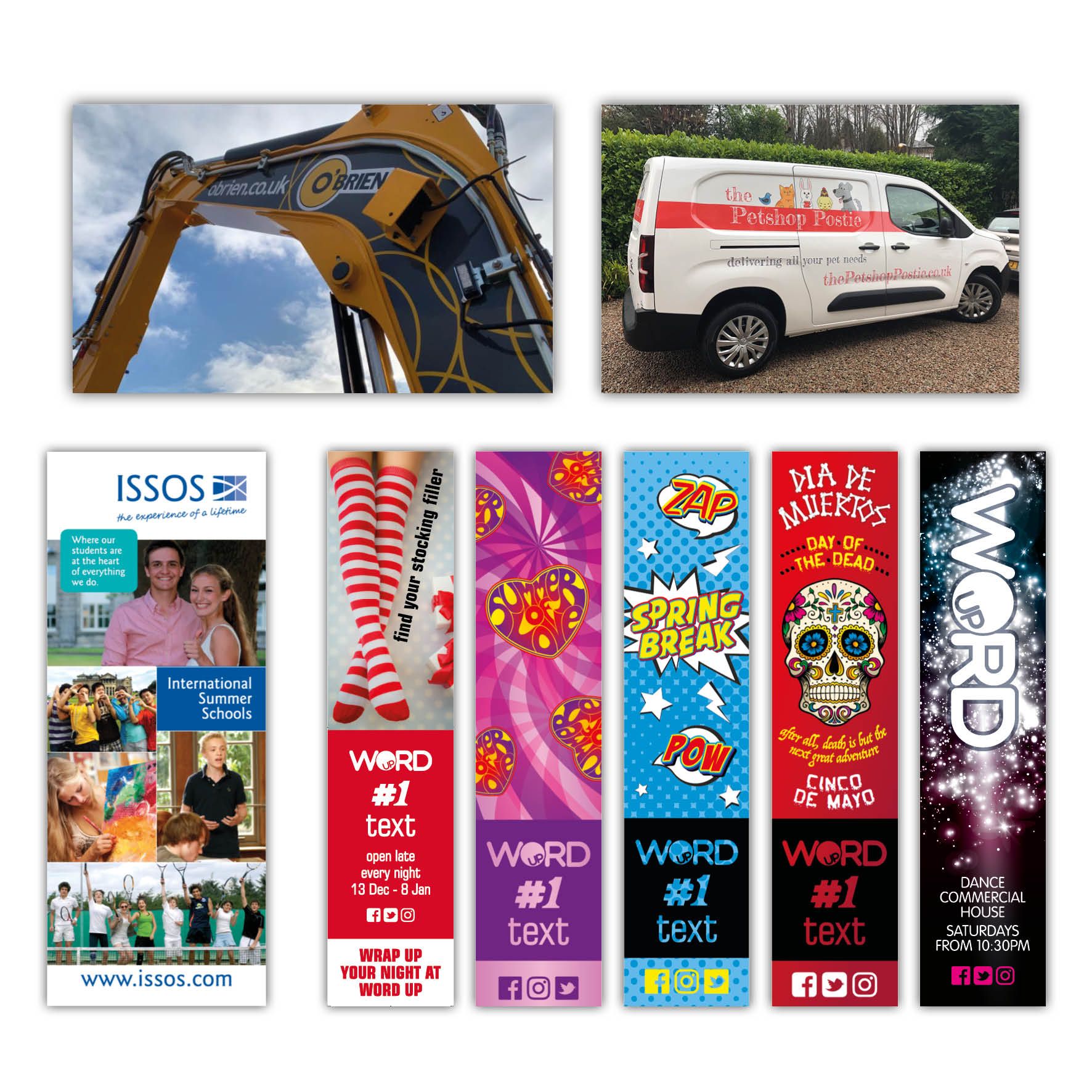Images showing a grey and t=yellow digger, a white van with cartoon animals in it, A banner with smiling kids, 5 banners advertising a nightclub with colourful blocks and illustrations depicting different themes - valentines, day of the dead, and spring break.