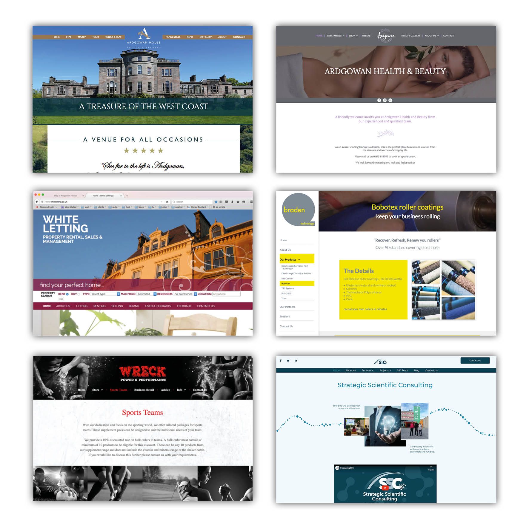 6 websites showing various layouts and branding styles across different hosting sites.