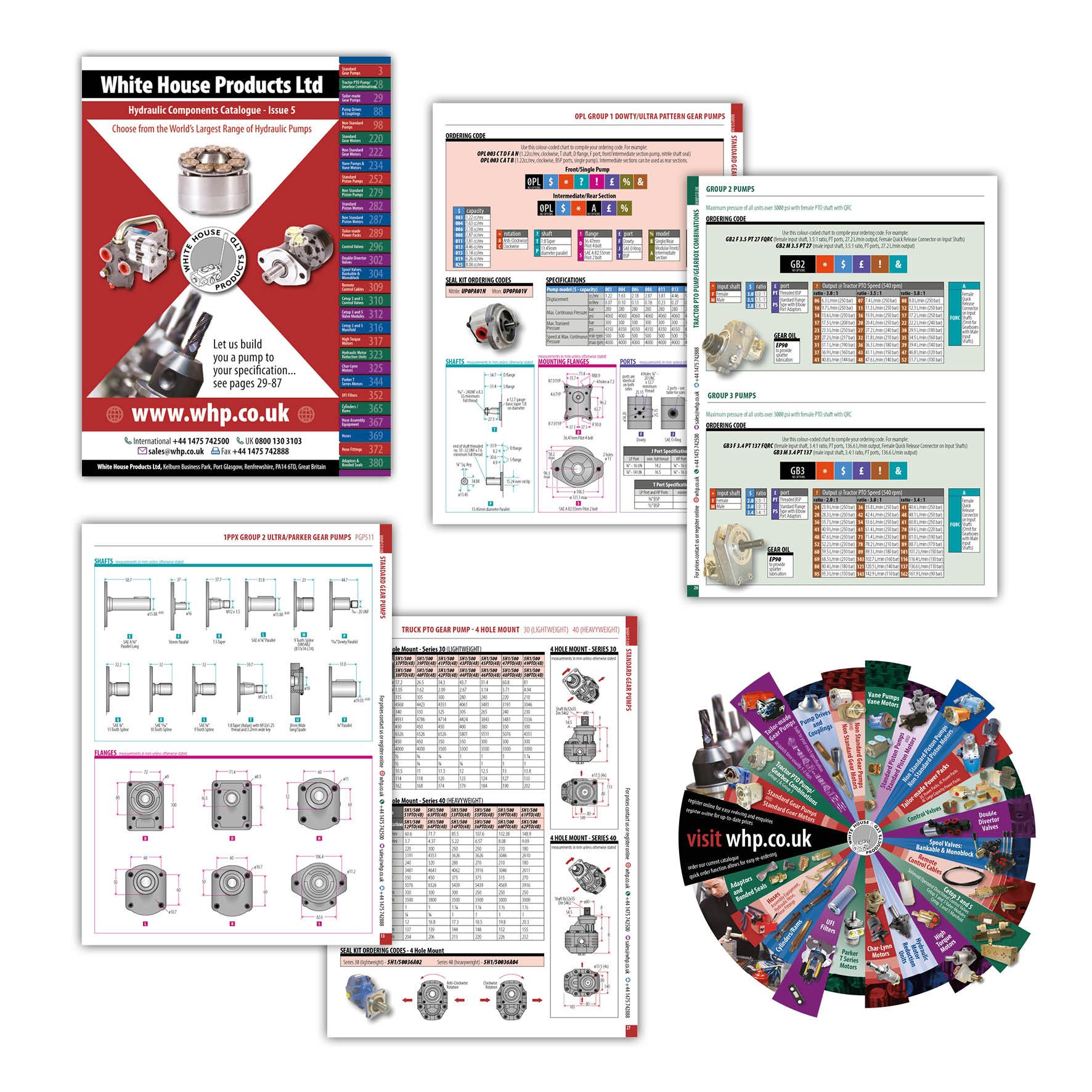 Images of catalogue pages containing tables, drawings of hydraulic equipment and infographics. These images show structured layouts which convey detailed information in a clear, concise way.